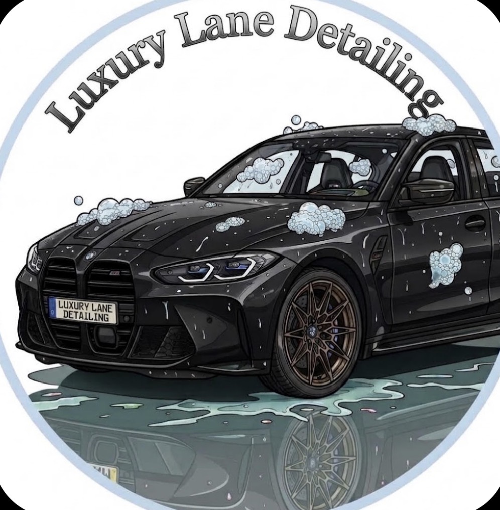 Black BMW covered in soap suds, illustrated Luxury Lane Detailing Co. artwork